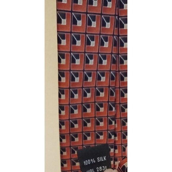 VIA EUROPA - BURNT ORANGE, NAVY, GOLD GEOMETRIC PRINT SILK TIE MINT COND NICE - Picture 3 of 3